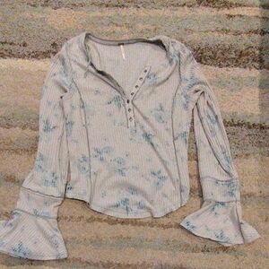 Free People Light Blue Tie-Dye Ribbed Henley with Bell Sleeves